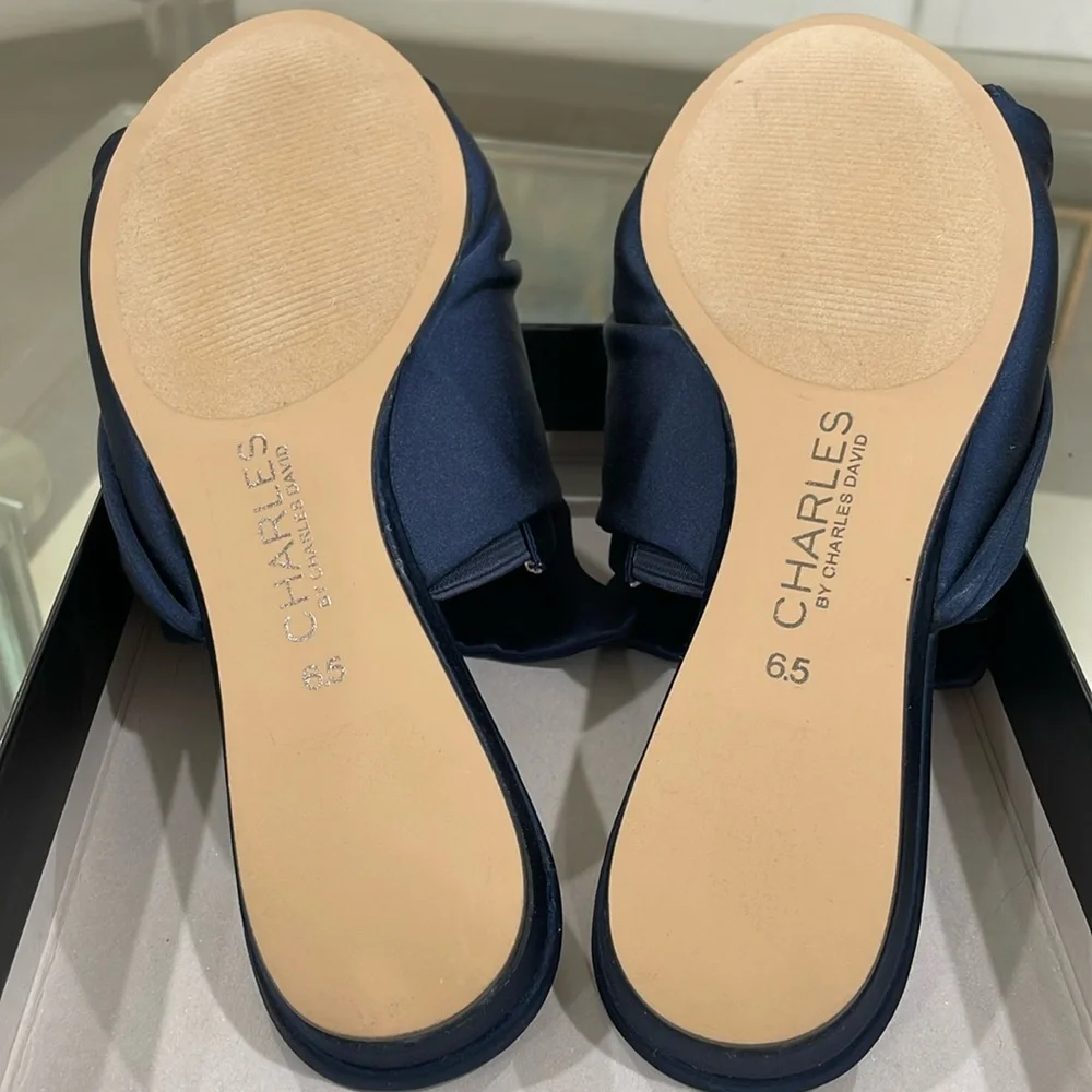 NWT Charles David royal navy pure satin slip on slides blue flats open toe bow
